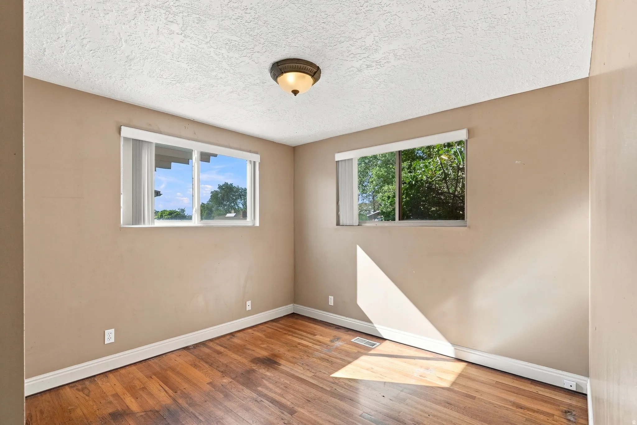 Wood-finish flooring, two windows with blinds, and a flush-mount ceiling light fixture
