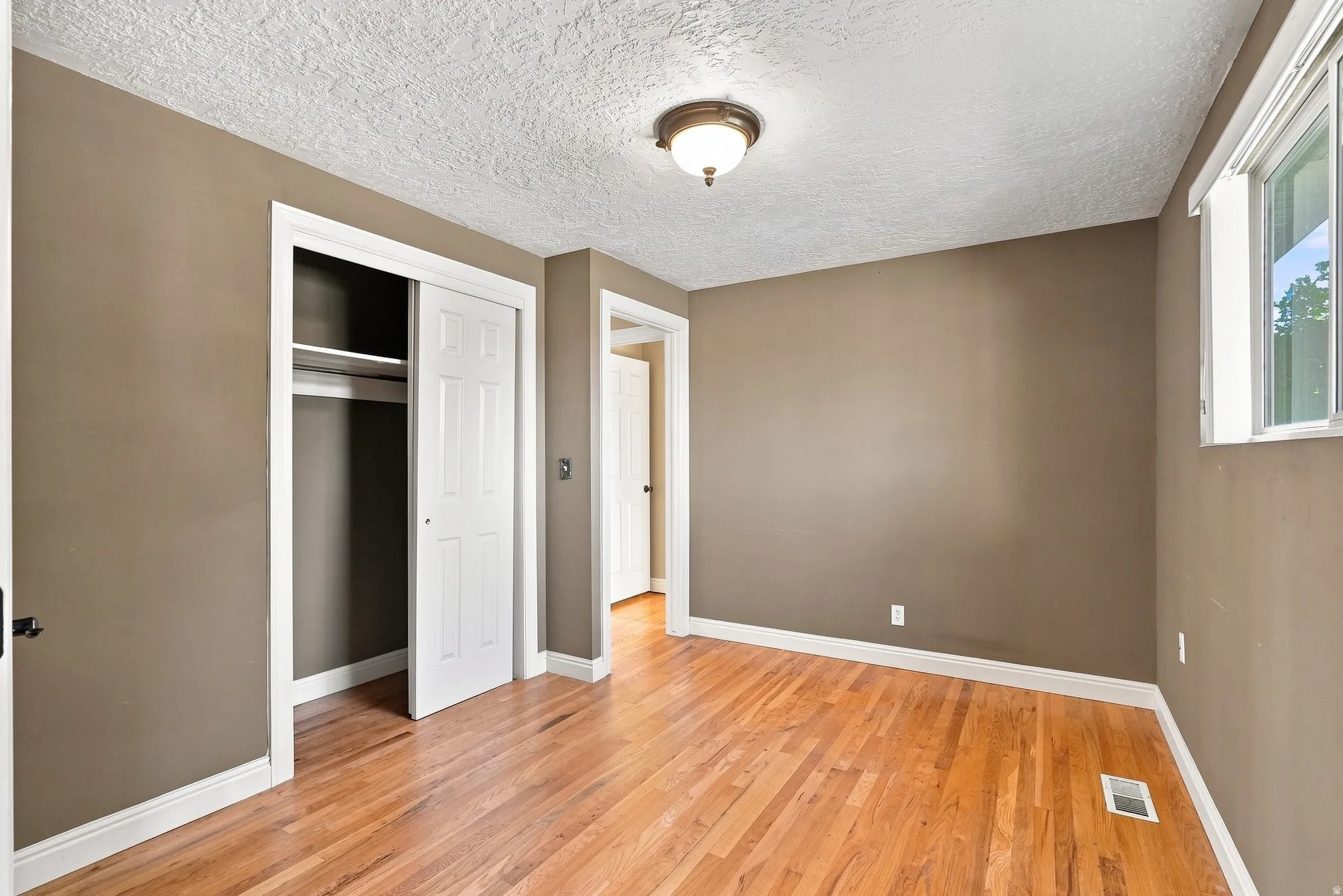 Hardwood flooring, painted walls, white trim, sliding closet doors, and an overhead light fixture