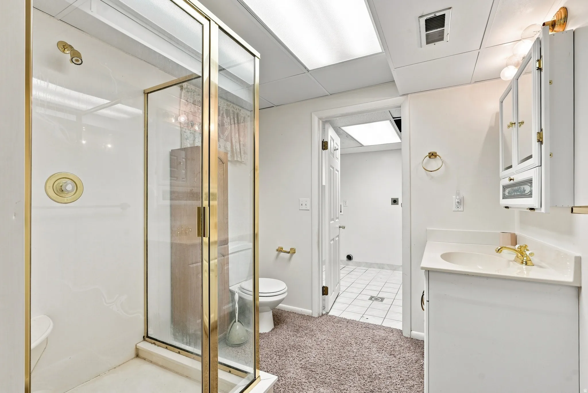 Enclosed shower with brass-finish framing, vanity with integrated sink, wall-mounted medicine cabinet, recessed lighting, and tile flooring