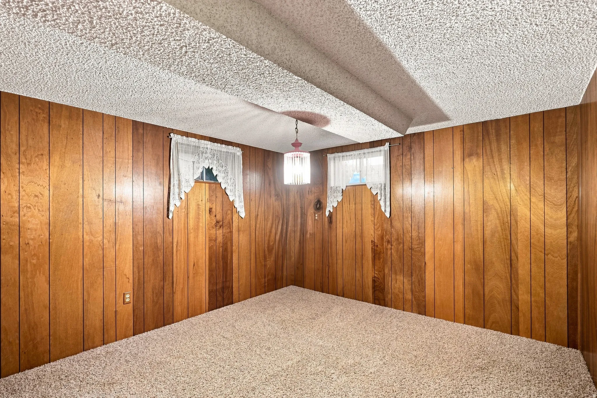 Carpeted flooring, wood panel walls, textured ceiling, two windows, and overhead lighting
