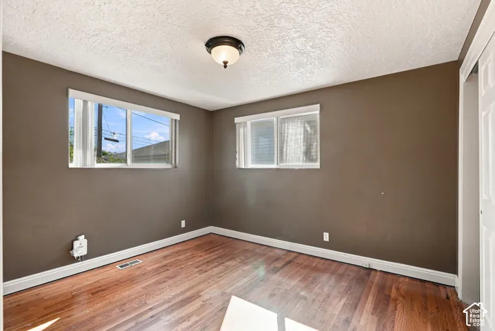 Wood-finish flooring, two windows with white frames, white baseboards, and a semi-flush mount ceiling light fixture