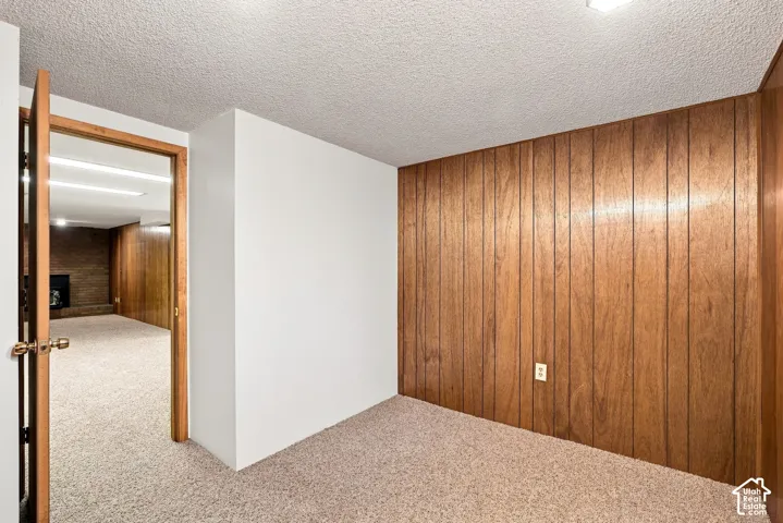 Wood-paneled accent wall, neutral carpeting, white painted walls, wood-finish doorframe