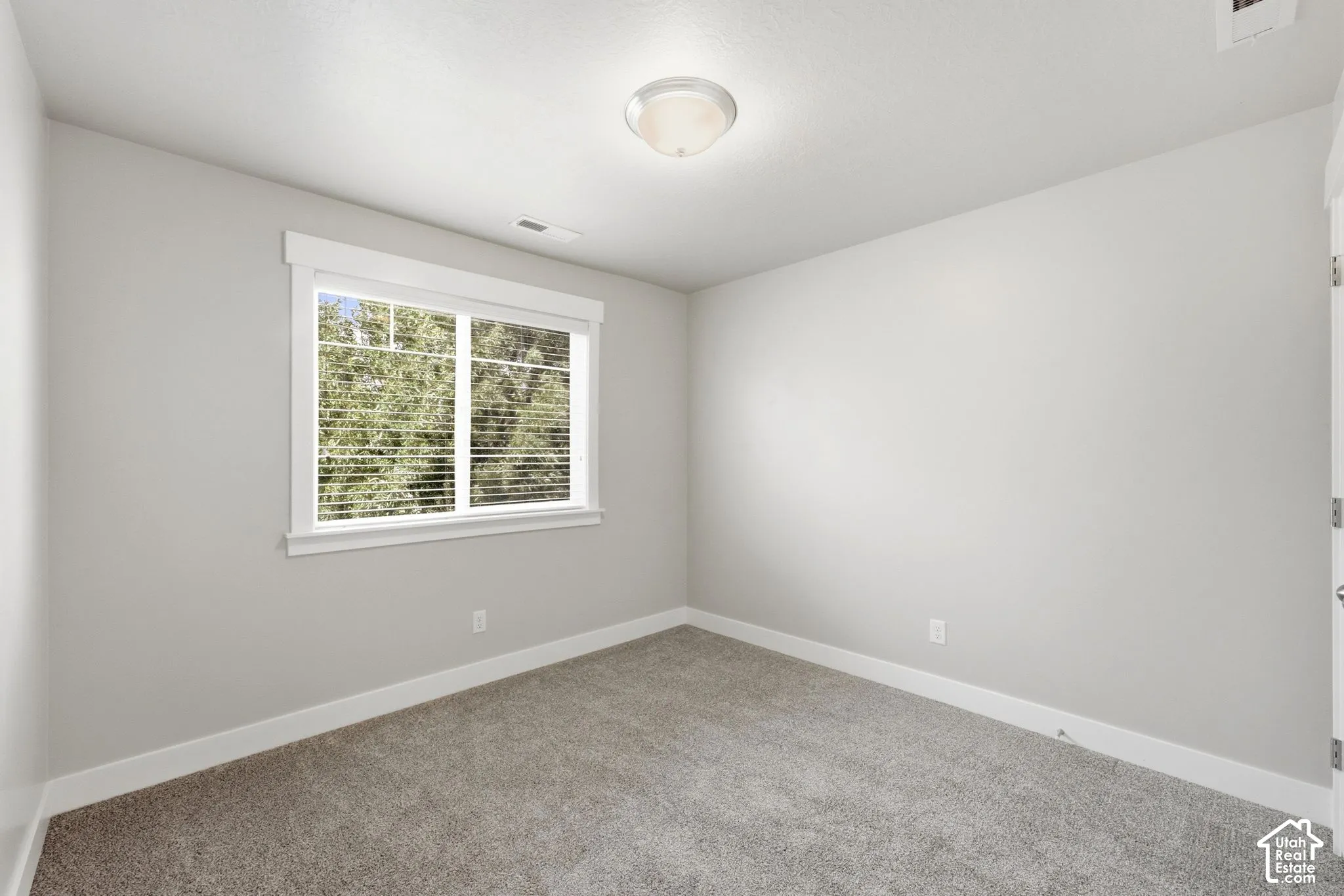 Neutral wall paint, plush carpet flooring, recessed window, and overhead lighting