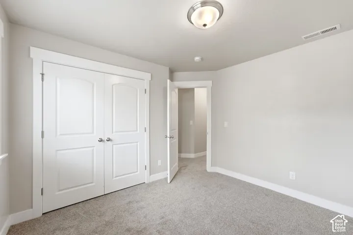 Textured carpeting, neutral wall color, white trim, flush mount ceiling light, and panel doors