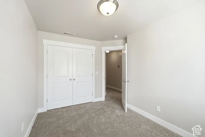 Light gray wall paint, carpeting, double closet doors, white trim, and a ceiling-mounted light fixture
