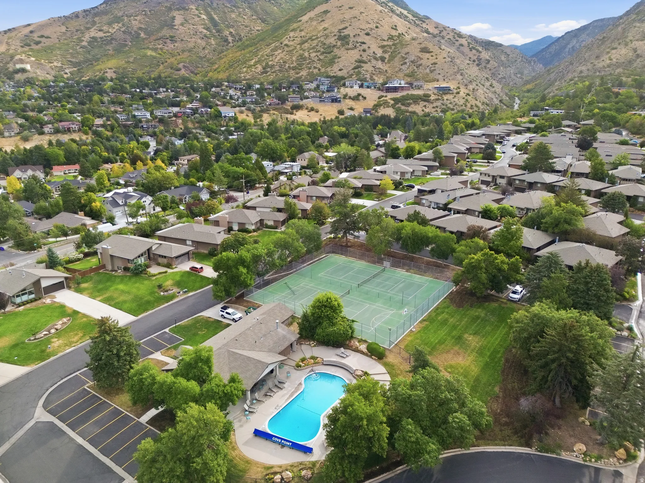 Community swimming pool with surrounding deck
