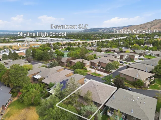 Aerial perspective of a residential community with abundant mature trees and mountainous terrain