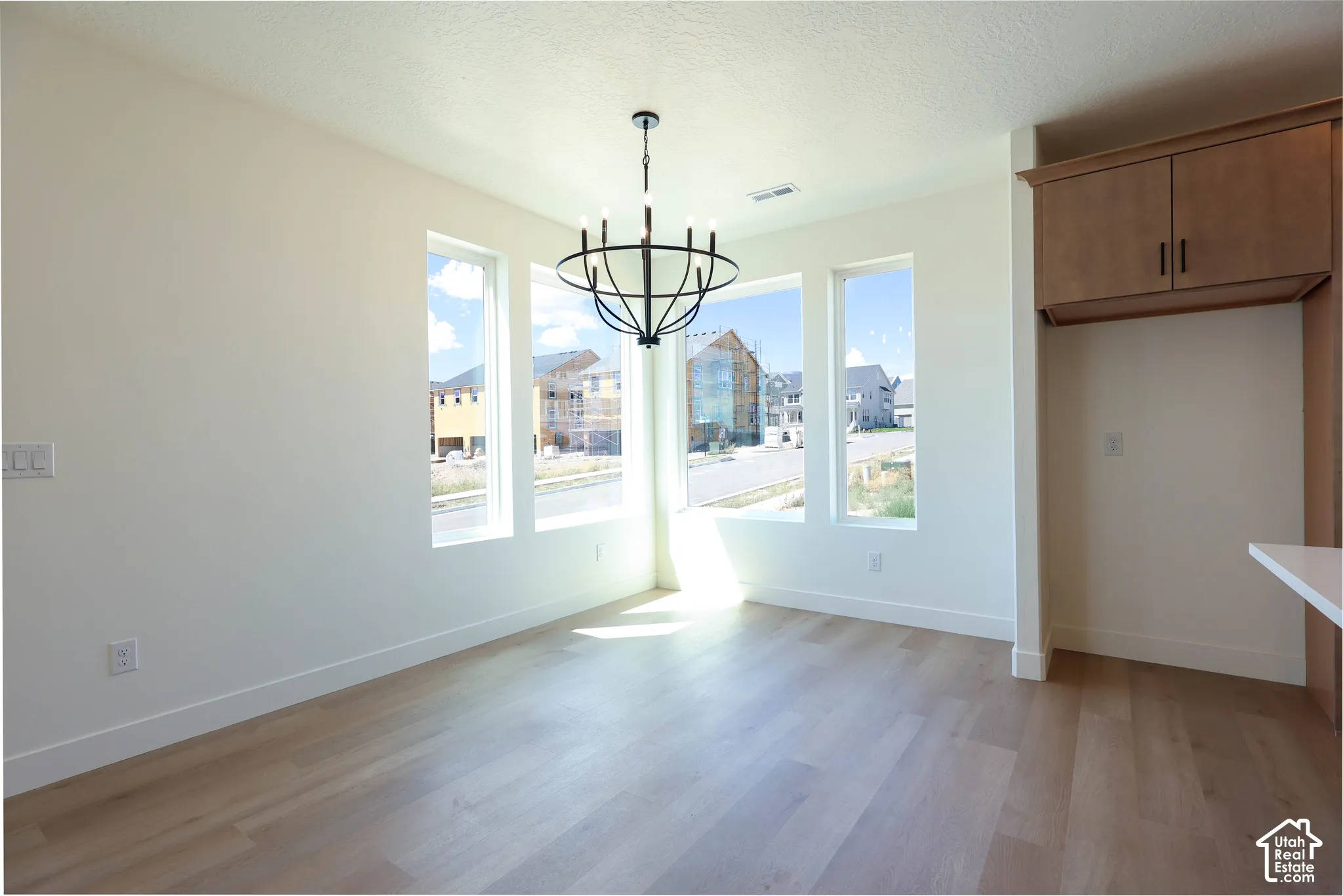 Wood-finish flooring, multiple windows, a modern circular chandelier, and built-in cabinetry with dark hardware