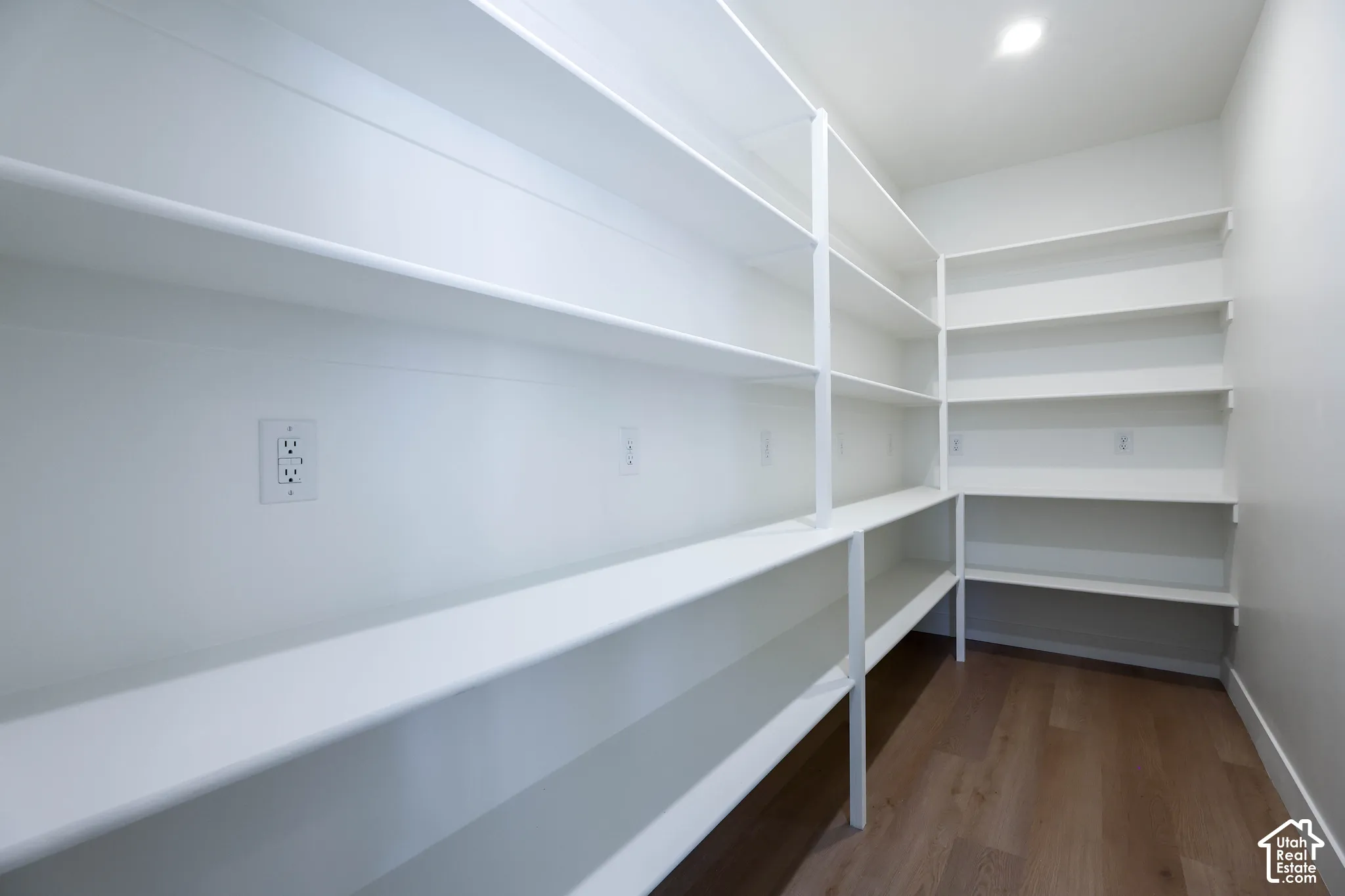 Spacious pantry featuring extensive built-in shelving, recessed ceiling lighting, and wood-finish flooring