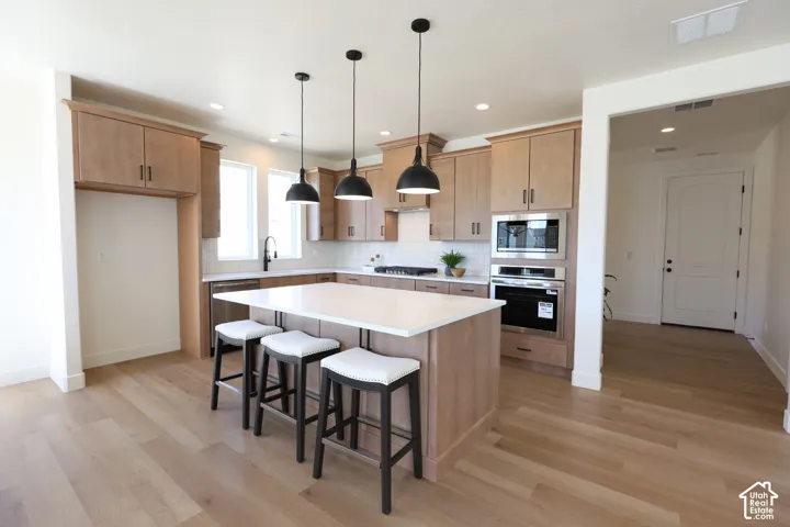 Contemporary kitchen featuring wood-finish flooring, a central island with a light-toned countertop, ample cabinetry, and stainless steel appliances