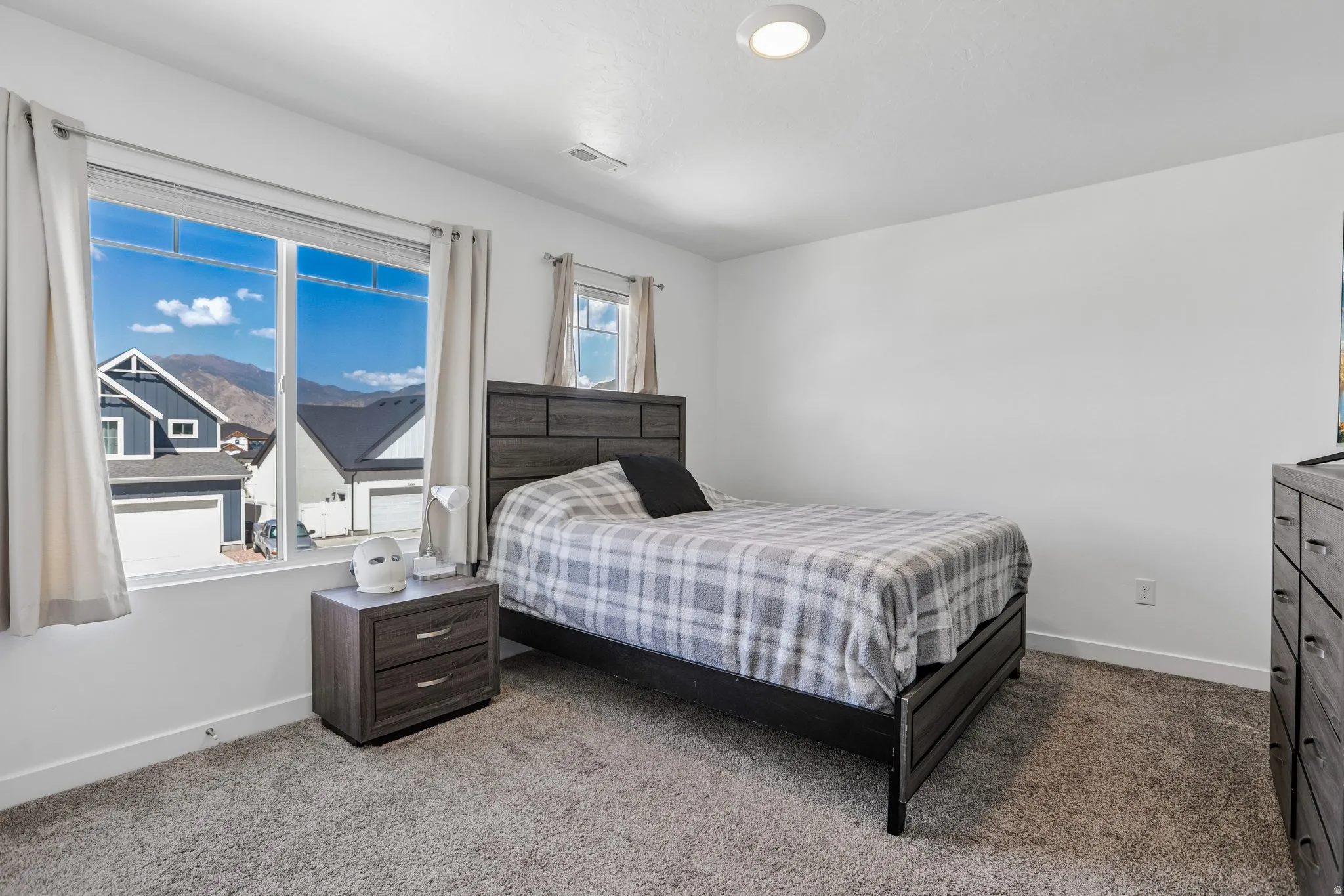 Light-toned wall paint, large window with mountain scenery, gray carpet, flush-mount ceiling light, and a second smaller window