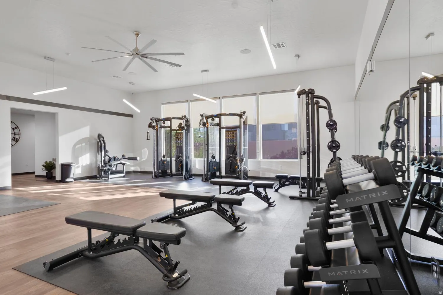 Fitness center featuring wood-finish flooring, full-height mirrored wall, large windows, ceiling fan, and linear pendant lighting