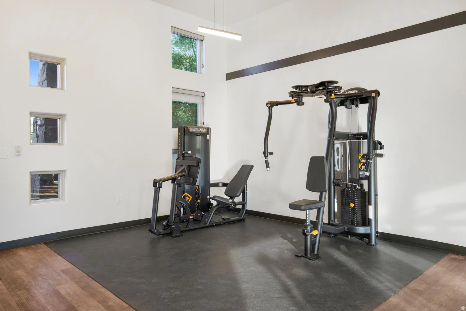 Dedicated fitness area featuring rubberized flooring and wood-finish accent flooring