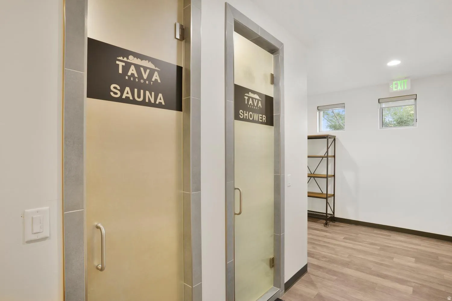 Frosted glass doors with brushed metal handles