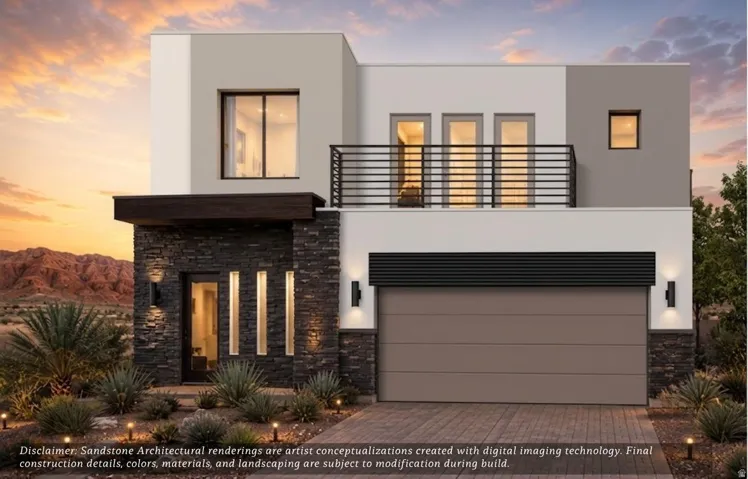 Modern facade featuring mixed material finishes, a second-story balcony with metal railings, a paved driveway, and integrated exterior lighting