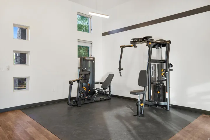 Dedicated fitness area featuring rubberized flooring and wood-finish accent flooring