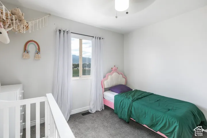 Bright room with carpet flooring, a window, and a ceiling fan with light