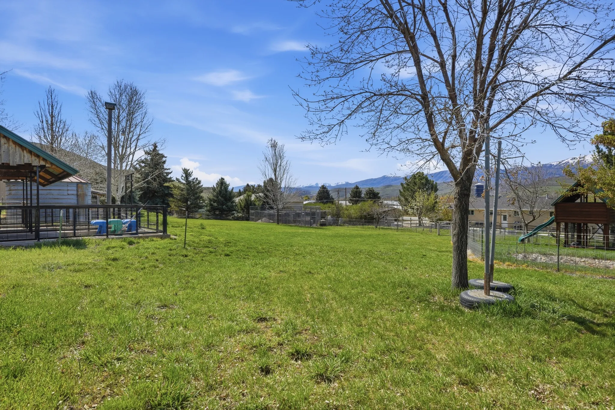 Expansive grassy yard with mature trees and mountain scenery