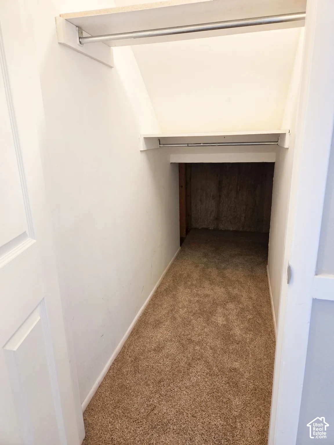 Carpeted storage area featuring white walls and built-in shelving with hanging rods