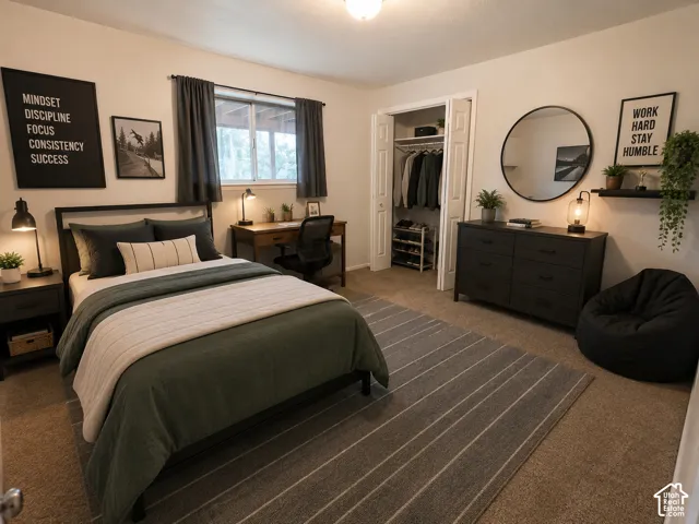 Built-in closet with bi-fold doors, window with dark drapes, and recessed lighting