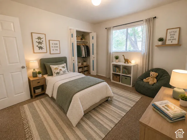 White interior door, light-colored walls, built-in closet with shelving, large window with blinds, and durable carpet flooring