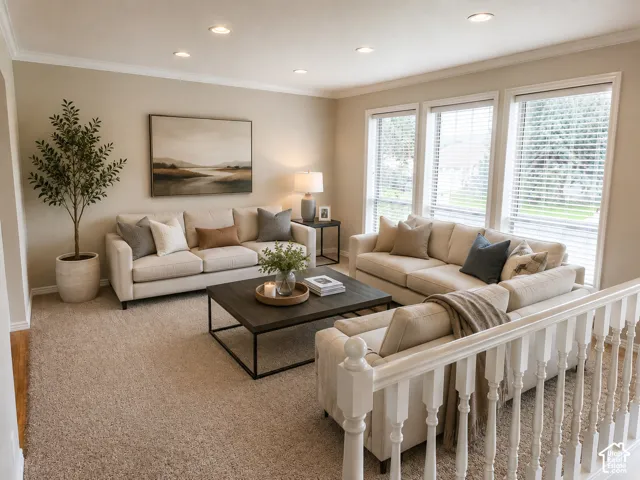 Recessed lighting illuminates this living space, featuring a light neutral wall color and crown molding