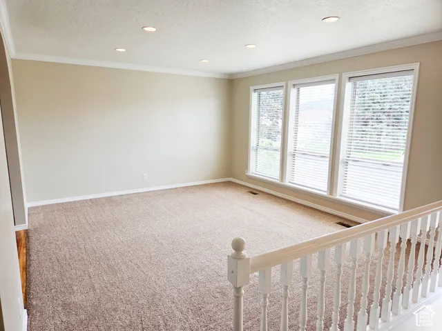 Recessed lighting, crown molding, three windows, light-colored carpet, and a white wood-finish railing