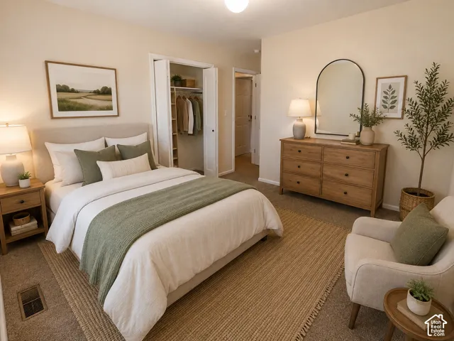 Carpeted flooring throughout, recessed lighting, and a bi-fold closet with shelving and hanging rods