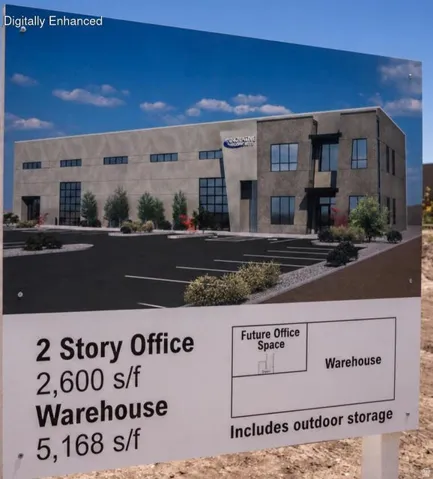 Real Estate Signage. Displaying property specifications, including office and warehouse square footage, and indicating future office space and outdoor storage provisions