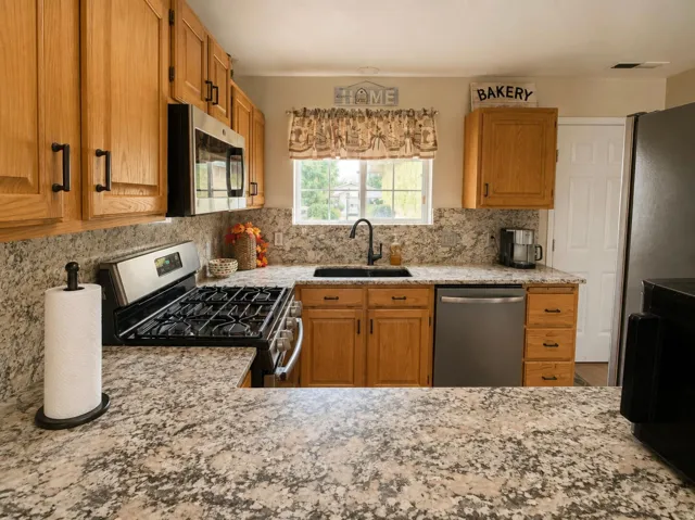 Kitchen featuring wood cabinetry, stainless steel appliances, speckled countertops, and a single basin sink with a black-finish faucet