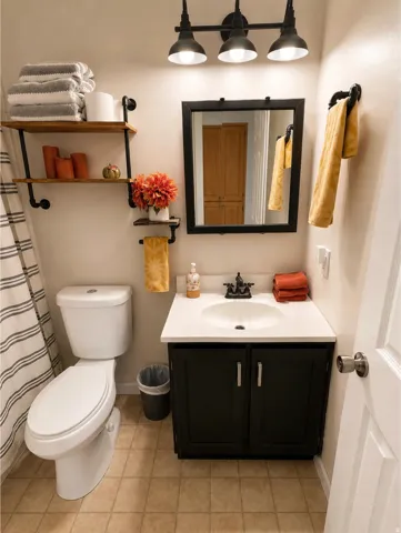 White toilet with a striped shower curtain