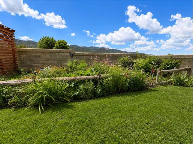 Manicured lawn, robust privacy wall, wood-slat privacy screen, natural wood fencing, and diverse plantings