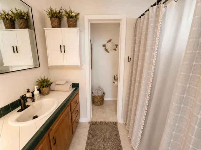 Vanity with integrated sink, wood-finish cabinetry, and tiled countertop
