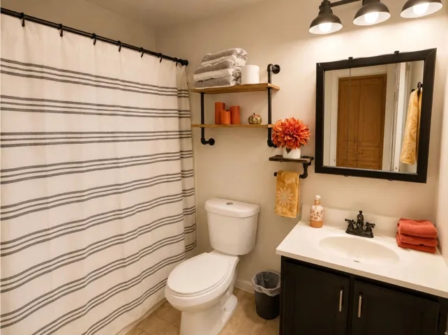 Bathroom featuring a black vanity with a white countertop, a black-framed mirror, and industrial-style shelving