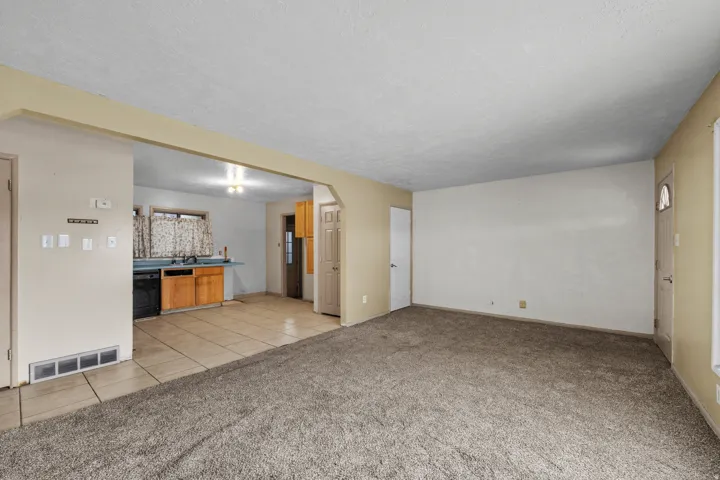 Open-concept living space with carpet flooring