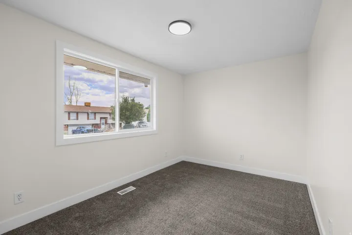 Neutral wall finishes, dark gray carpeting, and a white-framed window
