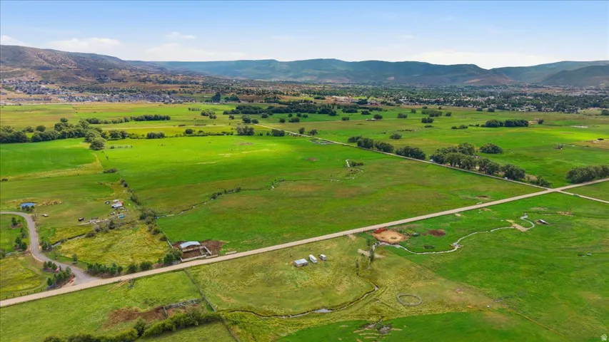 Expansive green fields with distant mountains and scattered trees