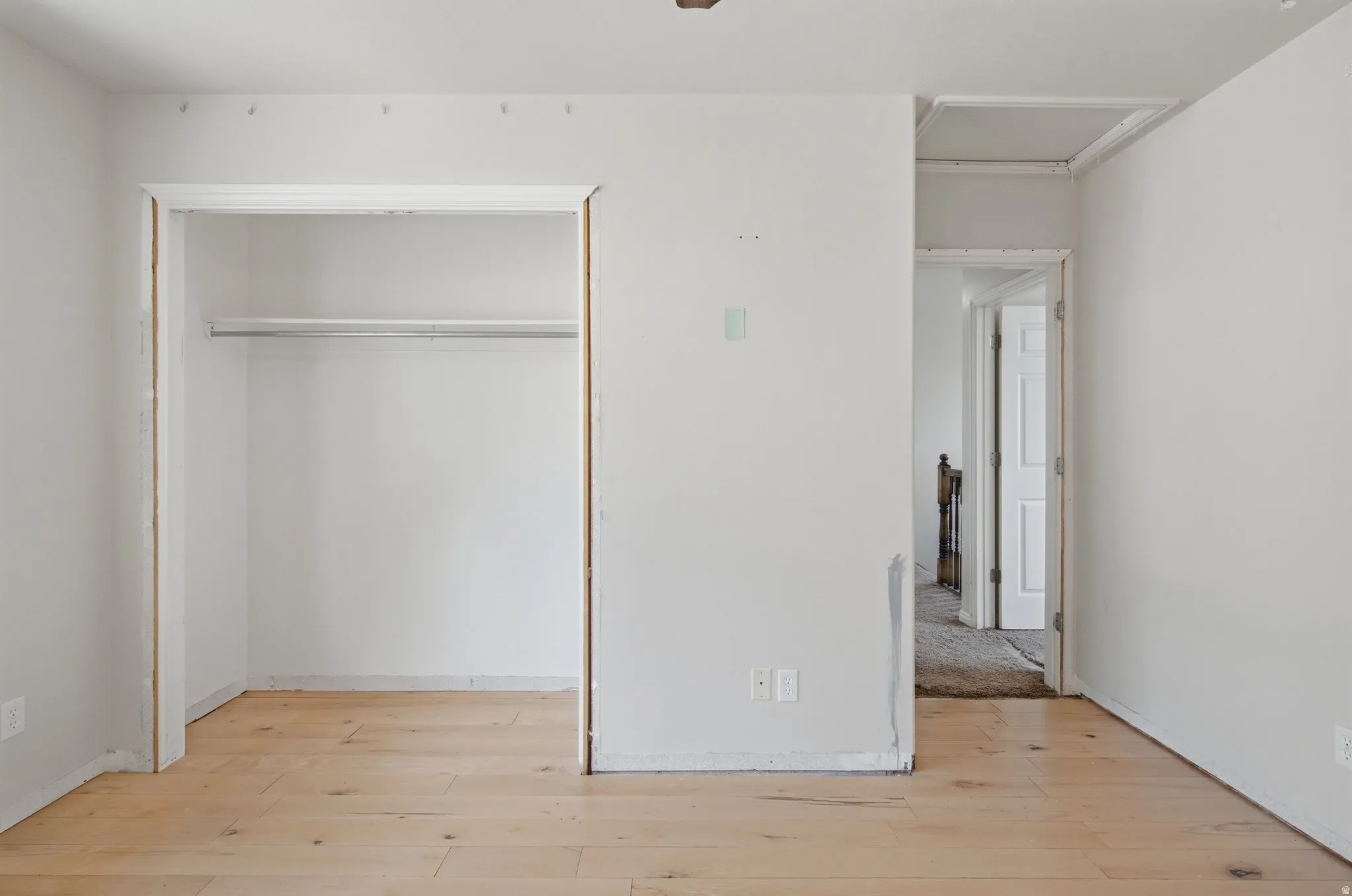 Closet with hanging rod, wood-finish flooring, white painted walls, and an access panel
