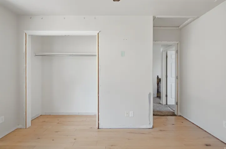 Closet with hanging rod, wood-finish flooring, white painted walls, and an access panel