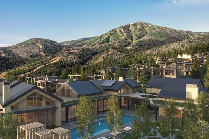 Modern architectural design, multiple structures with contemporary wood siding, integrated outdoor pool, lush green landscaping, and mountainous backdrop
