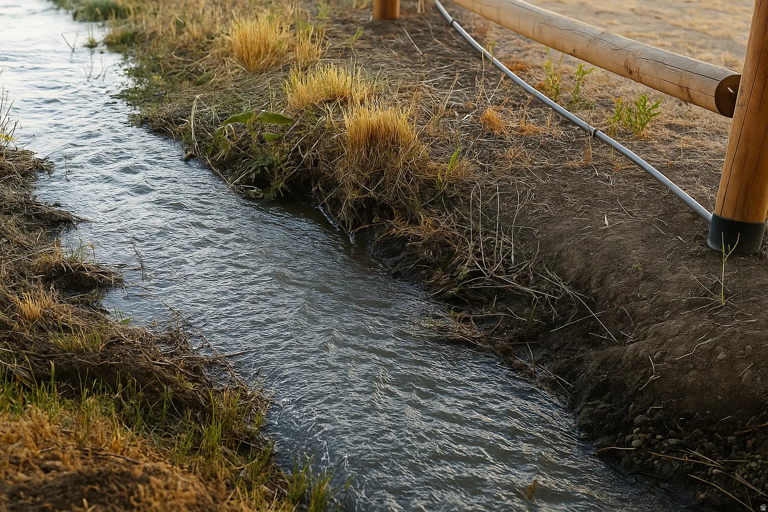 Water channel with a natural bank, alongside a wooden fence with a horizontal rail