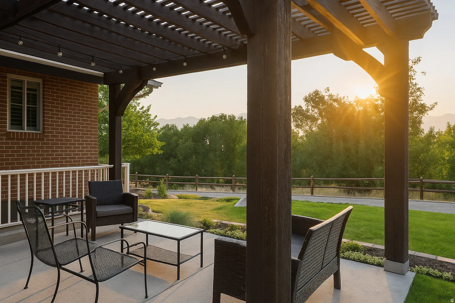 Expansive covered patio with a dark wood pergola and string lights