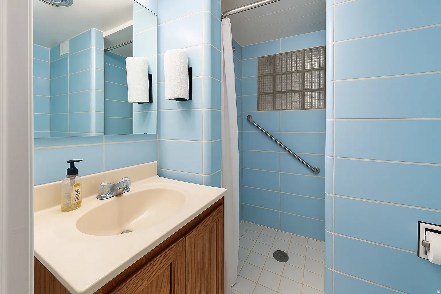 Bathroom featuring blue wall tiling, a vanity with an integrated sink, a mirrored medicine cabinet, and a shower with a glass block window