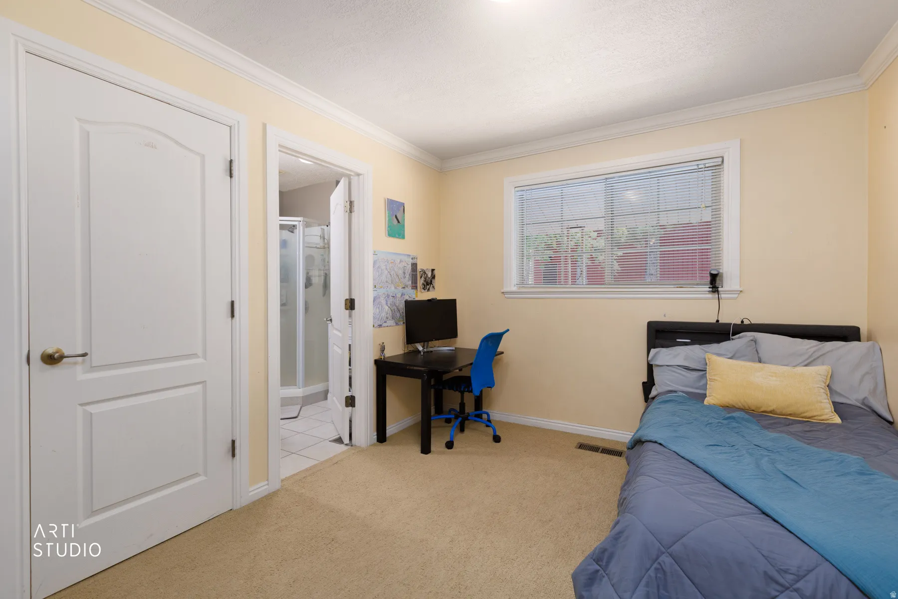 Carpeted room featuring a double-pane window, crown molding, and an attached three-panel door leading to a bathroom with a shower