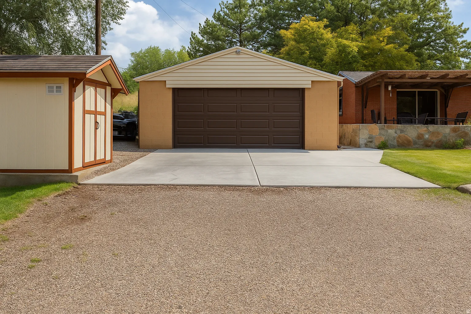 Detached garage with a paneled door and siding