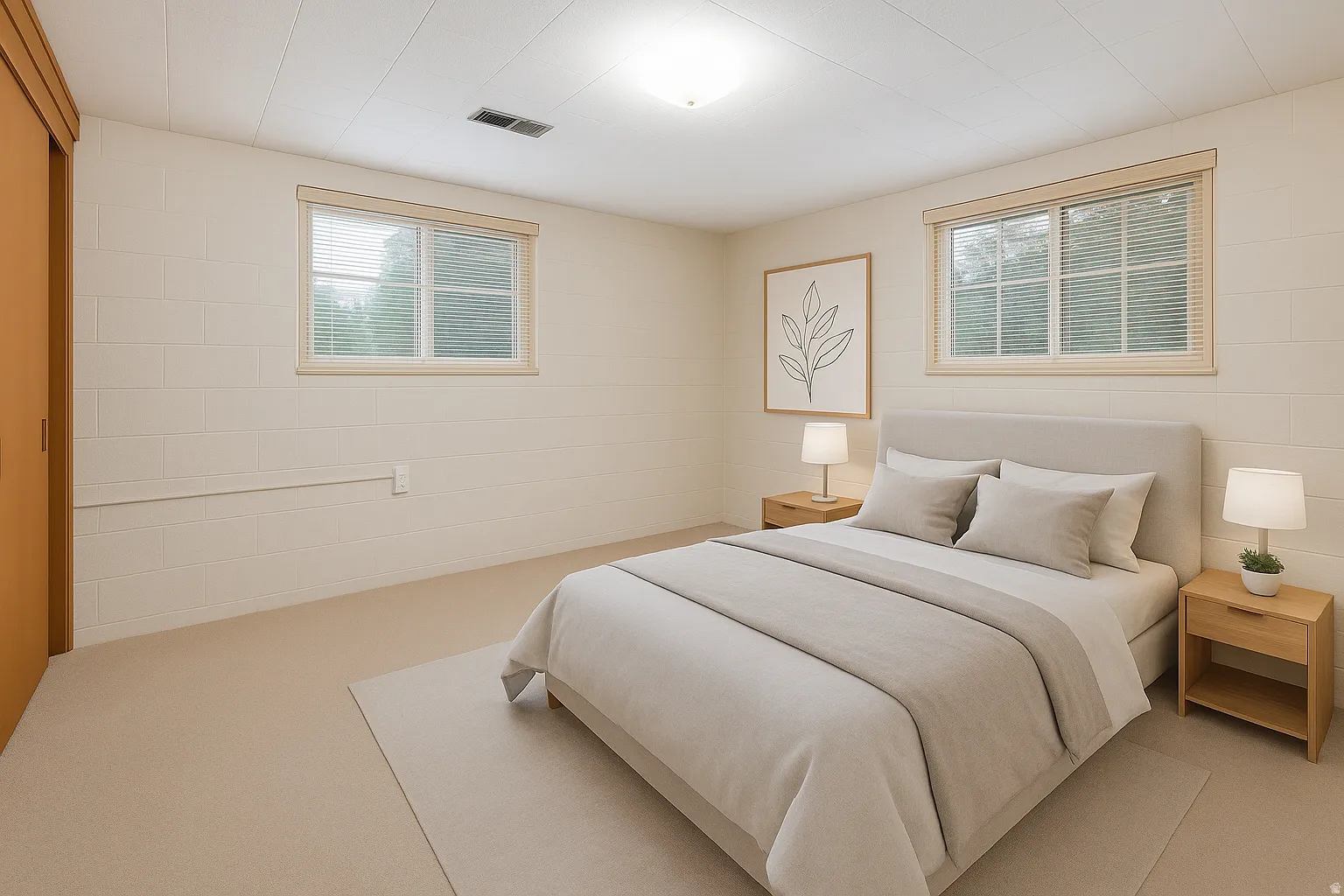 Carpeted flooring, two windows with blinds, and a built-in closet with sliding doors