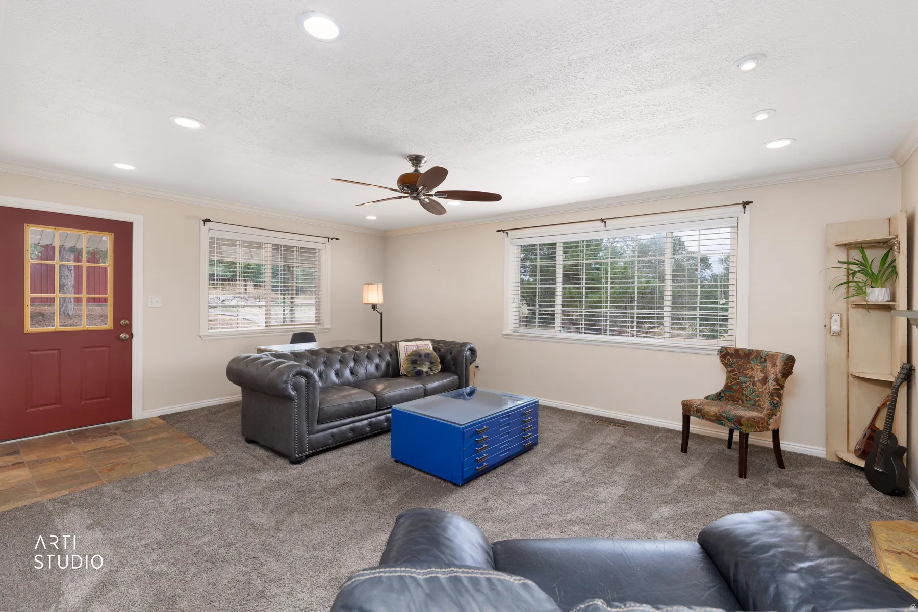 Recessed lighting, ceiling fan, and crown molding