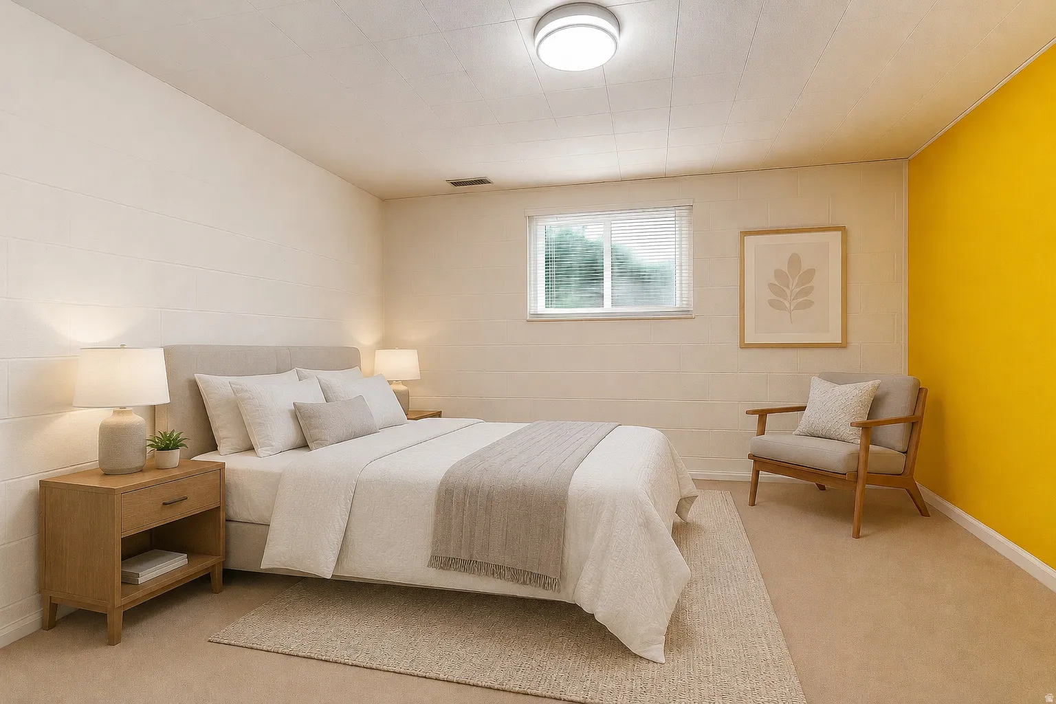Wall-to-wall carpeting with an accent wall and a window