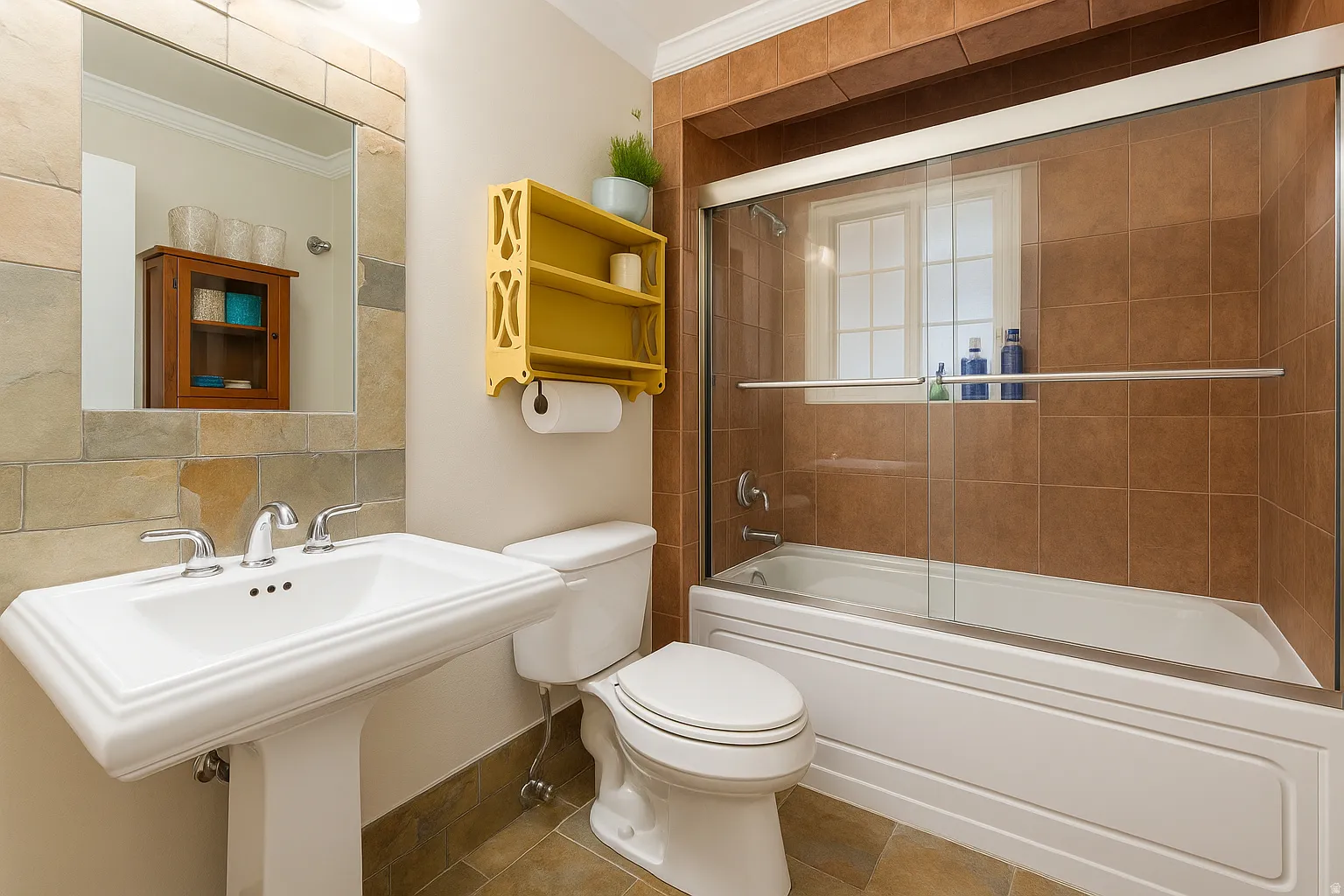 Pedestal sink with chrome faucet, stone tile backsplash, white toilet, and a combination tub/shower with glass enclosure and brown tile surround