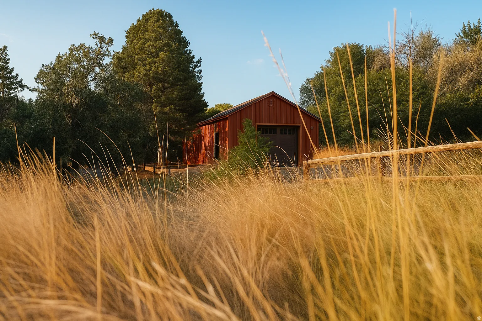 Red barn structure featuring a roll-up door, surrounded by mature trees and a split rail fence